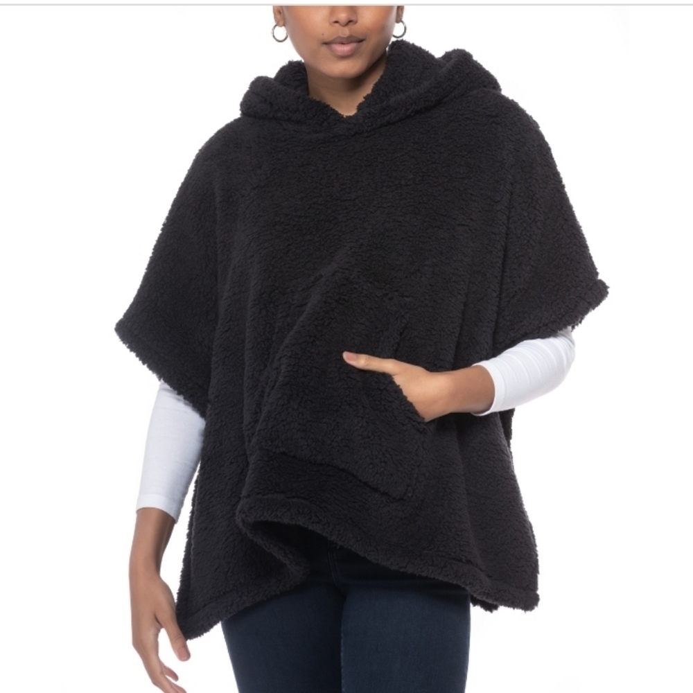 Jenni Hooded Sherpa Kangaroo Pocket Poncho Black OS MSRP $78 New - Picture 4 of 9